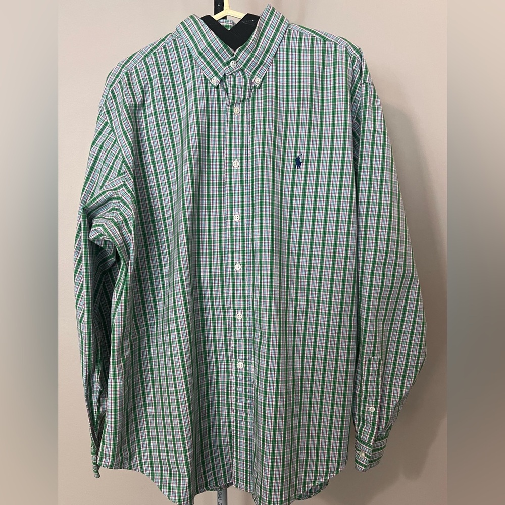 Polo button up green plaid